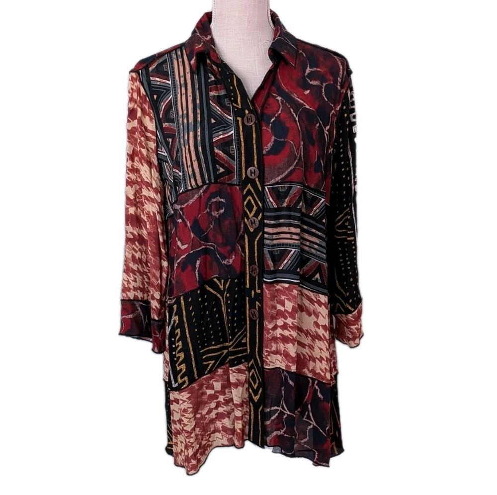 John Mark Multi Patchwork Collar 3/4 Sleeve Button Front Tunic Sz Sm Indigenous